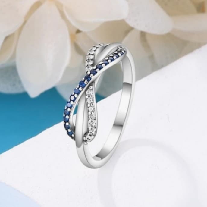 Sterling Silver Infinity Ring with Blue and White Stones Stamped 925 Size 6 - Thumbnail 2