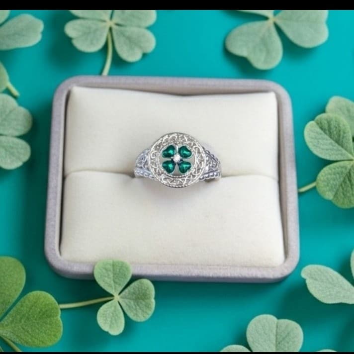 LUCKY 4 LEAF CLOVER 925 STERLING SILVER RING Size 8-1/2 - Thumbnail 3