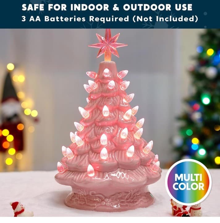 Joiedomi 7 inch Pink Ceramic Christmas Tree, Prelit Tabletop Christmas Tree - Thumbnail 5