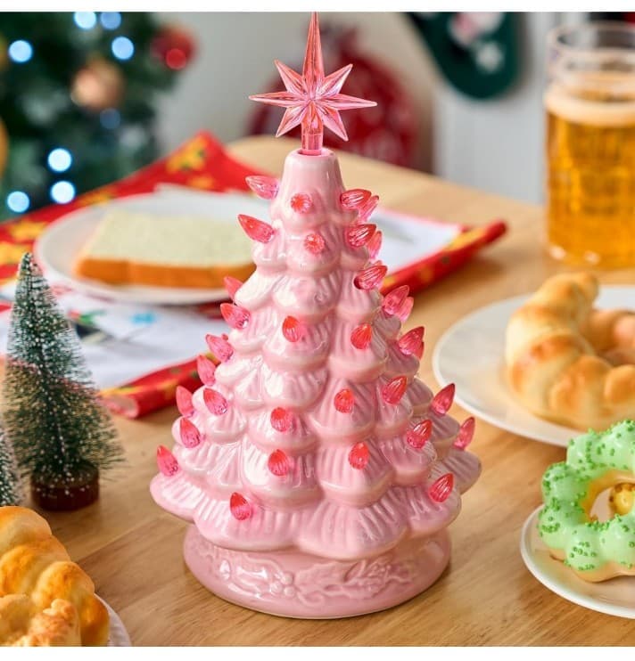 Joiedomi 7 inch Pink Ceramic Christmas Tree, Prelit Tabletop Christmas Tree - Thumbnail 2