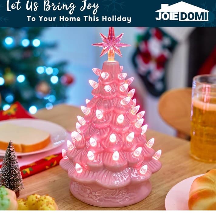 Joiedomi 7 inch Pink Ceramic Christmas Tree, Prelit Tabletop Christmas Tree - Thumbnail 7
