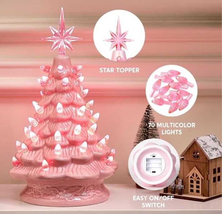 Joiedomi 7 inch Pink Ceramic Christmas Tree, Prelit Tabletop Christmas Tree - Thumbnail 6