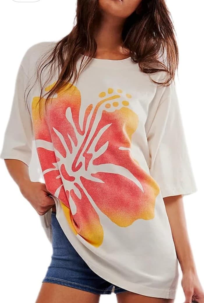Oversized Floral Print Women's Top - White and Pink - Image 1