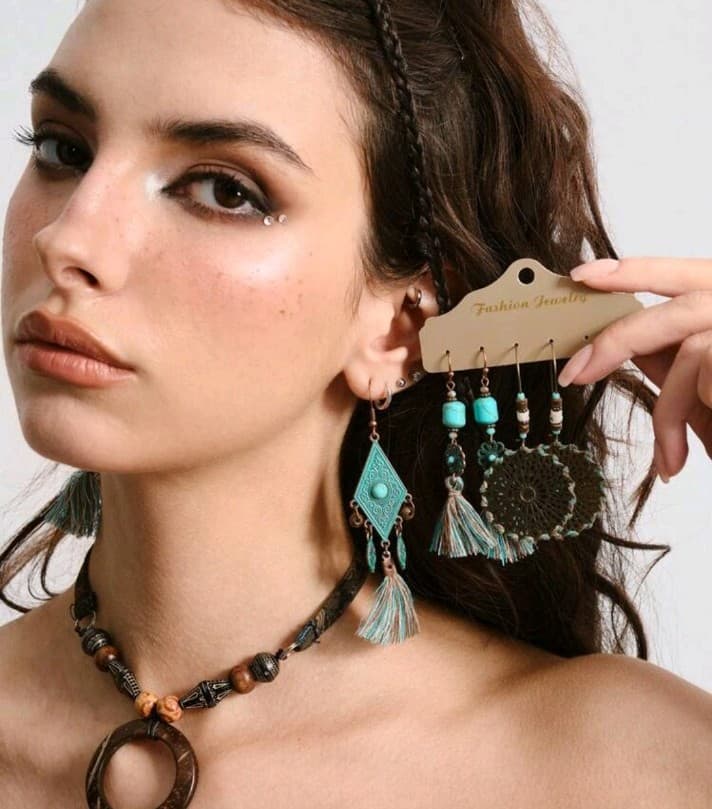 Hot topic hippie Turquoise and Bronze Bohemian Earrings Set - Thumbnail 4