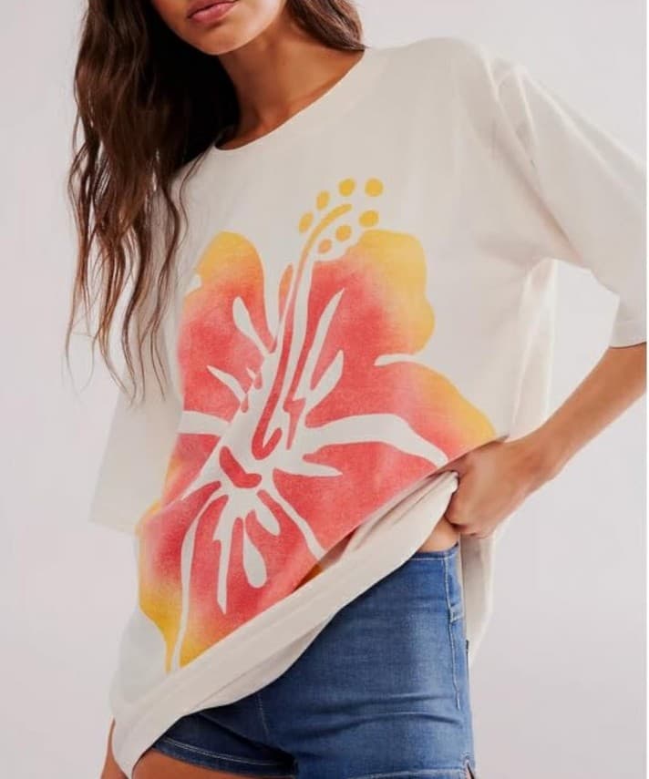 Oversized Floral Print Women's Top - White and Pink - Thumbnail 4