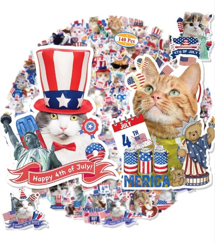 Red and White And Blue Patriotic Cat Sticker Pack Of 30 - Image 1