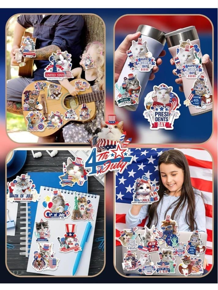 Red and White And Blue Patriotic Cat Sticker Pack Of 30 - Thumbnail 4