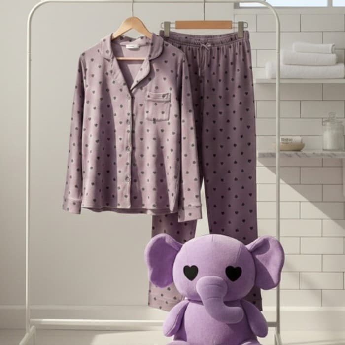 Luxury 100% Cotton Heart Print Pajama Set - High-End Button Down Sleepwear - New - Thumbnail 3