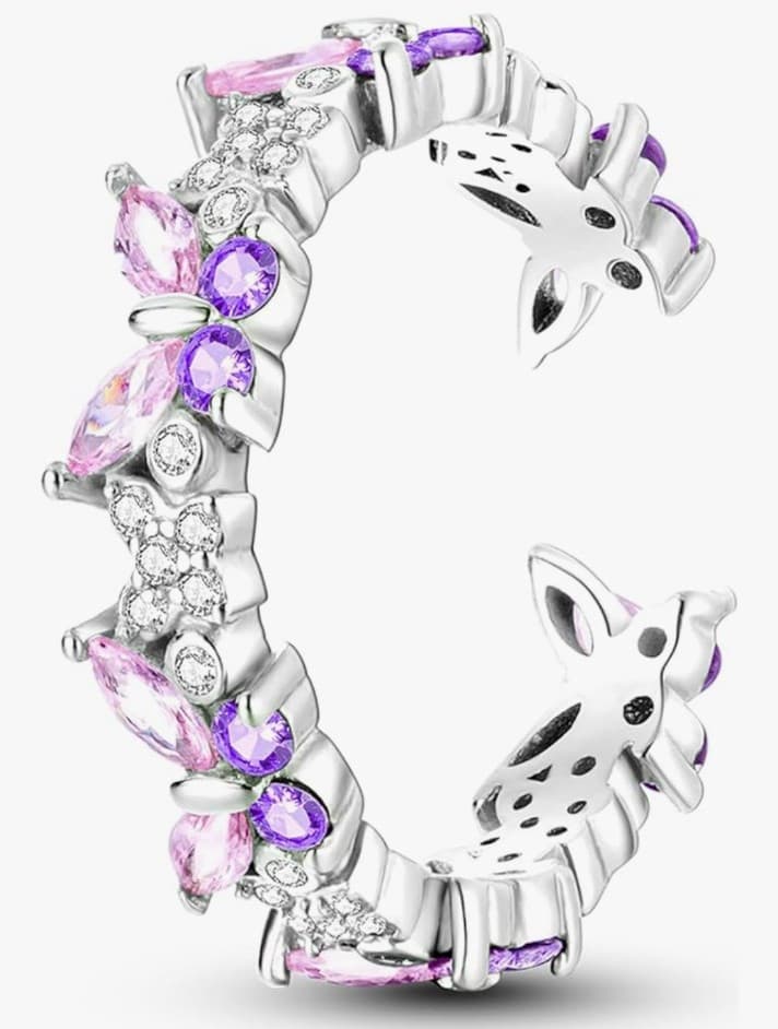 Pink & purple butterfly 925 Sterling Silver Rings size 8 - Image 1
