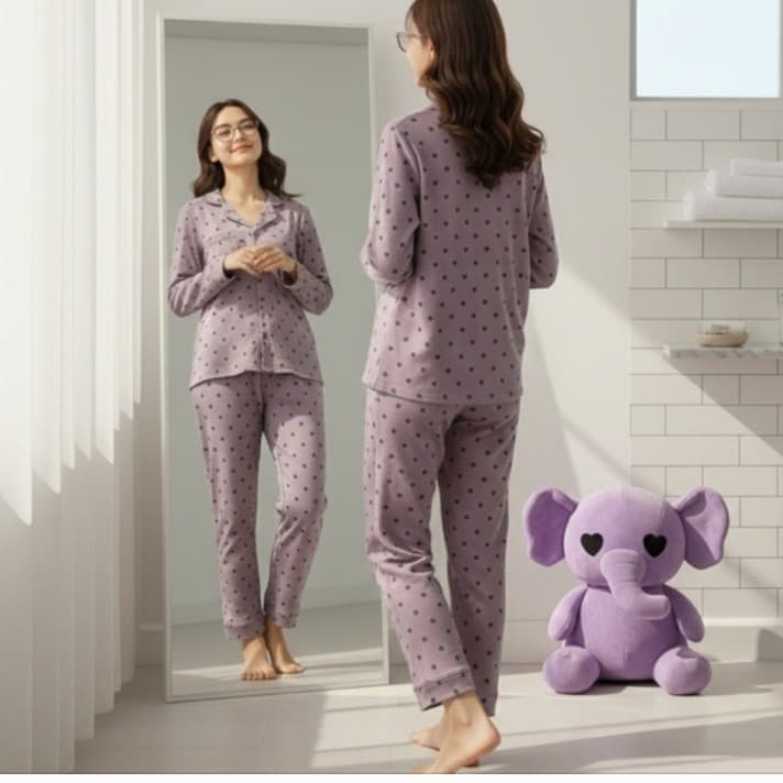 Luxury 100% Cotton Heart Print Pajama Set - High-End Button Down Sleepwear - New - Thumbnail 5