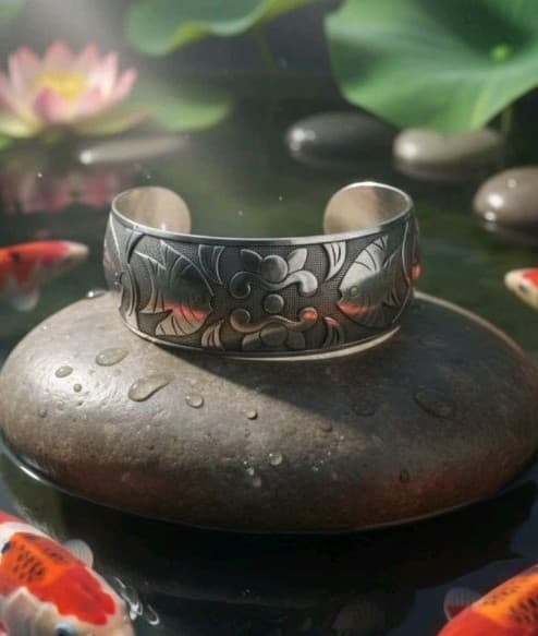 36.46g Pure 999 Fine Silver Chinese Fish & Lotus Cuff Wenyin Mark 纹银 Prosperity - Image 1