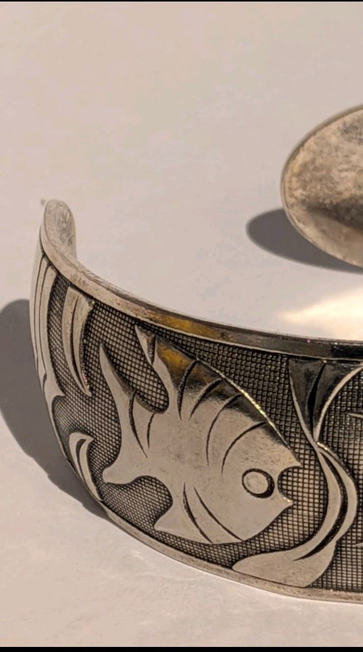 36.46g Pure 999 Fine Silver Chinese Fish & Lotus Cuff Wenyin Mark 纹银 Prosperity - Thumbnail 7