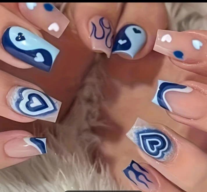 Blue and Nude Heart press on nails - Image 1