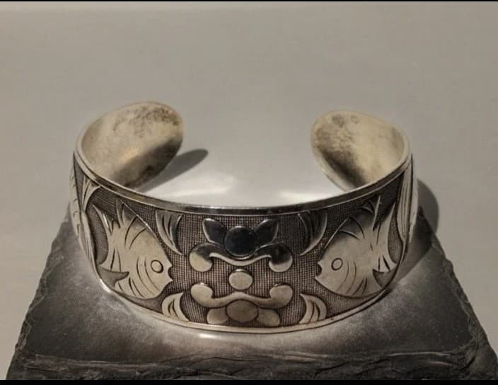 36.46g Pure 999 Fine Silver Chinese Fish & Lotus Cuff Wenyin Mark 纹银 Prosperity - Thumbnail 4