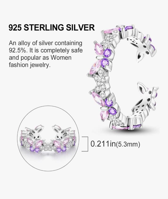 Pink & purple butterfly 925 Sterling Silver Rings size 8 - Thumbnail 3