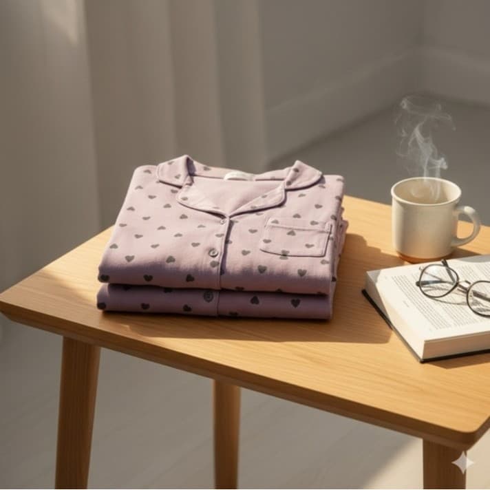 Luxury 100% Cotton Heart Print Pajama Set - High-End Button Down Sleepwear - New - Thumbnail 2