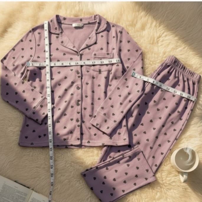 Luxury 100% Cotton Heart Print Pajama Set - High-End Button Down Sleepwear - New - Thumbnail 10