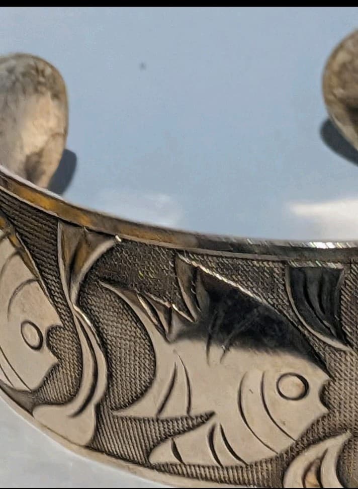 36.46g Pure 999 Fine Silver Chinese Fish & Lotus Cuff Wenyin Mark 纹银 Prosperity - Thumbnail 9