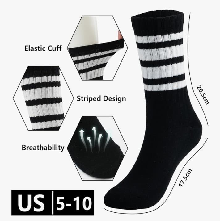 Striped Crew Socks Women - Retro Novelty Socks - Stretchy Casual Athletic Cotton - Thumbnail 7