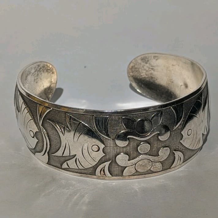 36.46g Pure 999 Fine Silver Chinese Fish & Lotus Cuff Wenyin Mark 纹银 Prosperity - Thumbnail 5