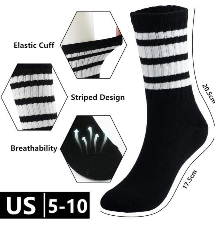Striped Crew Socks Women - Retro Novelty Socks - Stretchy Casual Athletic Cotton - Thumbnail 5
