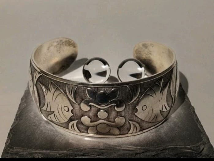 36.46g Pure 999 Fine Silver Chinese Fish & Lotus Cuff Wenyin Mark 纹银 Prosperity - Thumbnail 3