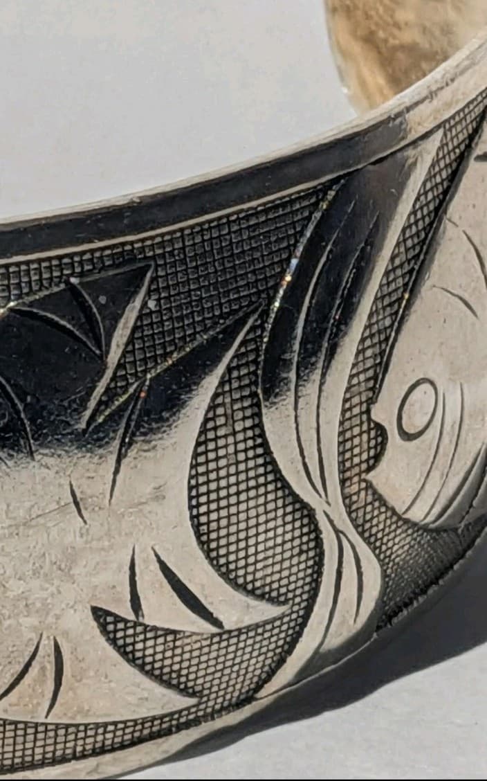 36.46g Pure 999 Fine Silver Chinese Fish & Lotus Cuff Wenyin Mark 纹银 Prosperity - Thumbnail 8