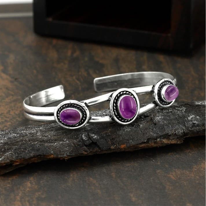 Elegant Sterling Silver & Amethyst Women's Cuff Bracelet - Thumbnail 5