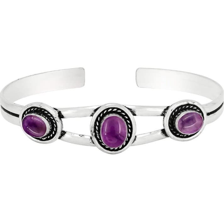 Elegant Sterling Silver & Amethyst Women's Cuff Bracelet - Thumbnail 3