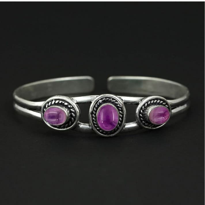Elegant Sterling Silver & Amethyst Women's Cuff Bracelet - Thumbnail 6