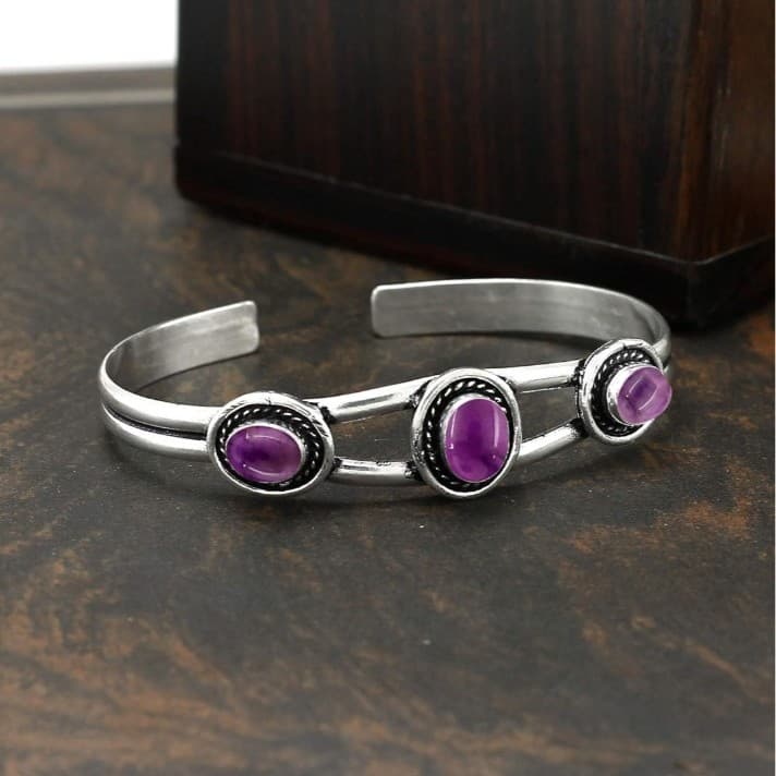 Elegant Sterling Silver & Amethyst Women's Cuff Bracelet - Thumbnail 4