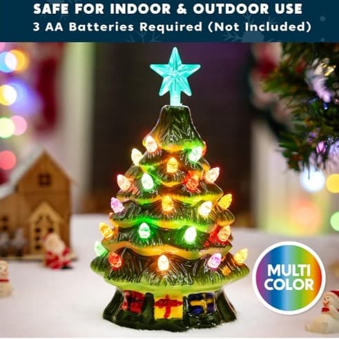 Joiedomi 7" Ceramic Christmas Tree with Gift Box, Mini Prelit Tabletop Christmas - Thumbnail 5