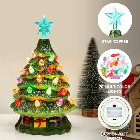 Joiedomi 7" Ceramic Christmas Tree with Gift Box, Mini Prelit Tabletop Christmas - Thumbnail 6