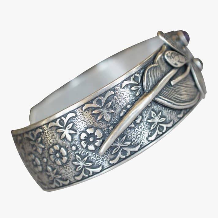 Antique Sterling Silver Bohemian/Navajo Dragonfly Cuff Bracelet - Thumbnail 2