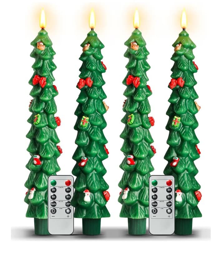 4Pcs X-MAS Tree Flameless Taper Candles w/ Remote & Timer,LED Candles REAL WAX - Image 1