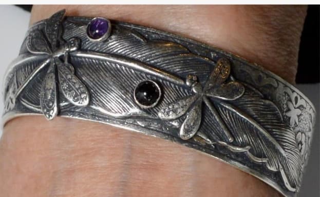 Antique Sterling Silver Bohemian/Navajo Dragonfly Cuff Bracelet - Thumbnail 4