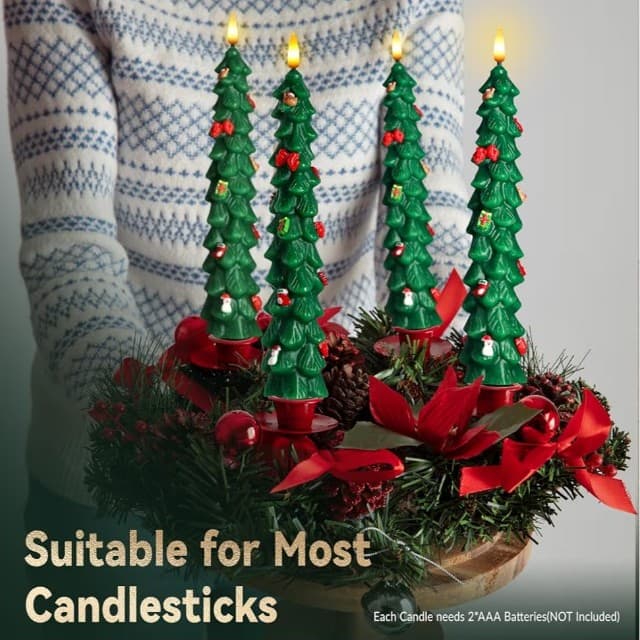 4Pcs X-MAS Tree Flameless Taper Candles w/ Remote & Timer,LED Candles REAL WAX - Thumbnail 5
