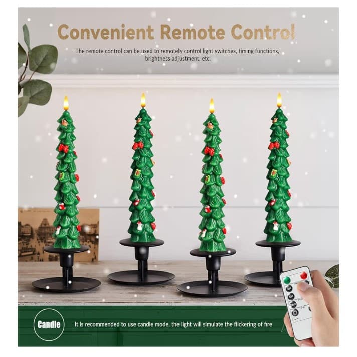 4Pcs X-MAS Tree Flameless Taper Candles w/ Remote & Timer,LED Candles REAL WAX - Thumbnail 7