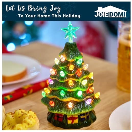 Joiedomi 7" Ceramic Christmas Tree with Gift Box, Mini Prelit Tabletop Christmas - Thumbnail 7