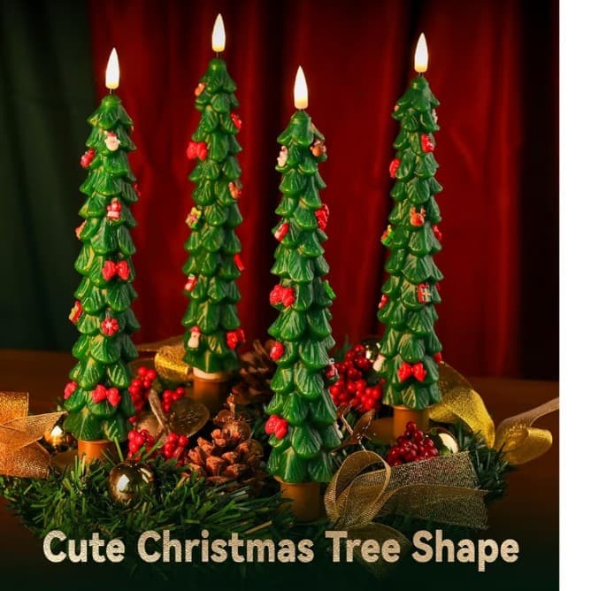 4Pcs X-MAS Tree Flameless Taper Candles w/ Remote & Timer,LED Candles REAL WAX - Thumbnail 6