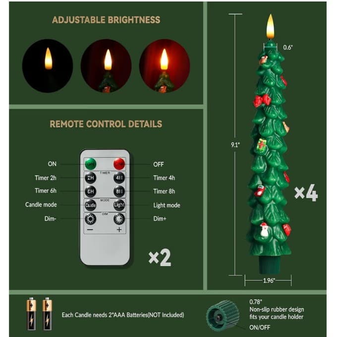 4Pcs X-MAS Tree Flameless Taper Candles w/ Remote & Timer,LED Candles REAL WAX - Thumbnail 2