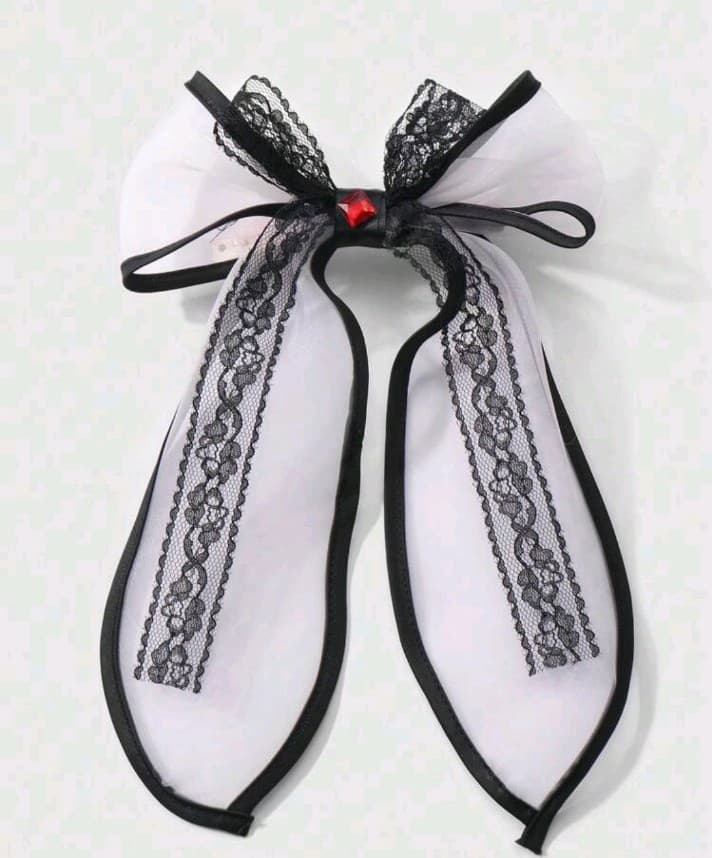Ht Black and White Lace Ribbon Hair Bow - Image 1