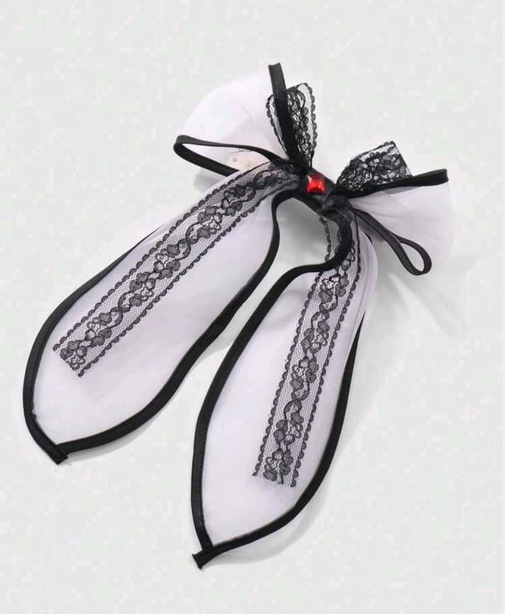 Ht Black and White Lace Ribbon Hair Bow - Thumbnail 4