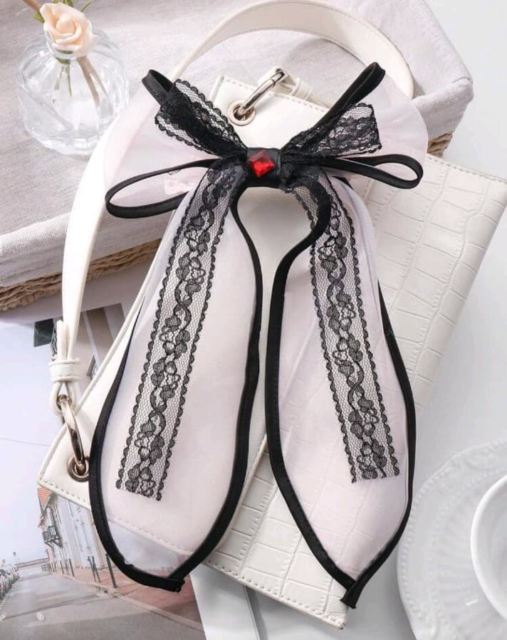 Ht Black and White Lace Ribbon Hair Bow - Thumbnail 8