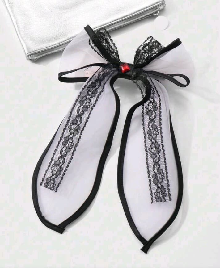 Ht Black and White Lace Ribbon Hair Bow - Thumbnail 2
