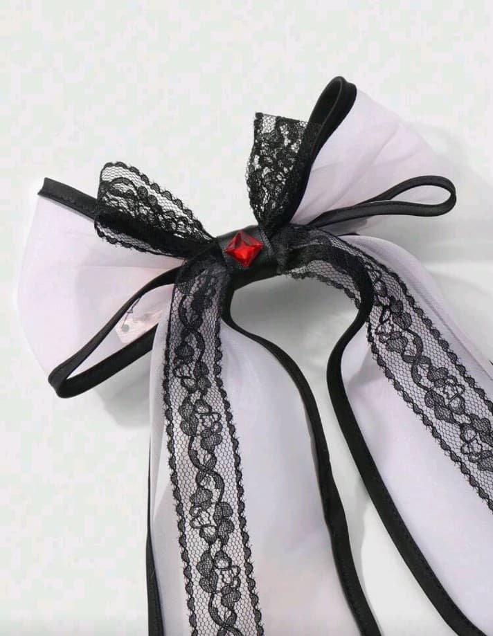 Ht Black and White Lace Ribbon Hair Bow - Thumbnail 3