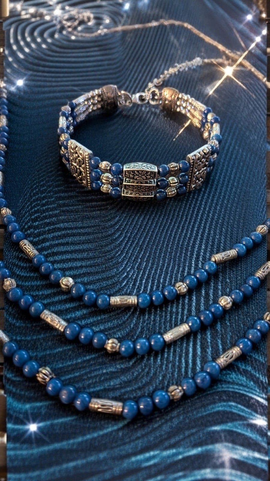 Blue and Silver Beaded Necklace and Bracelet Set Authenticity Made In Thailand - Thumbnail 3