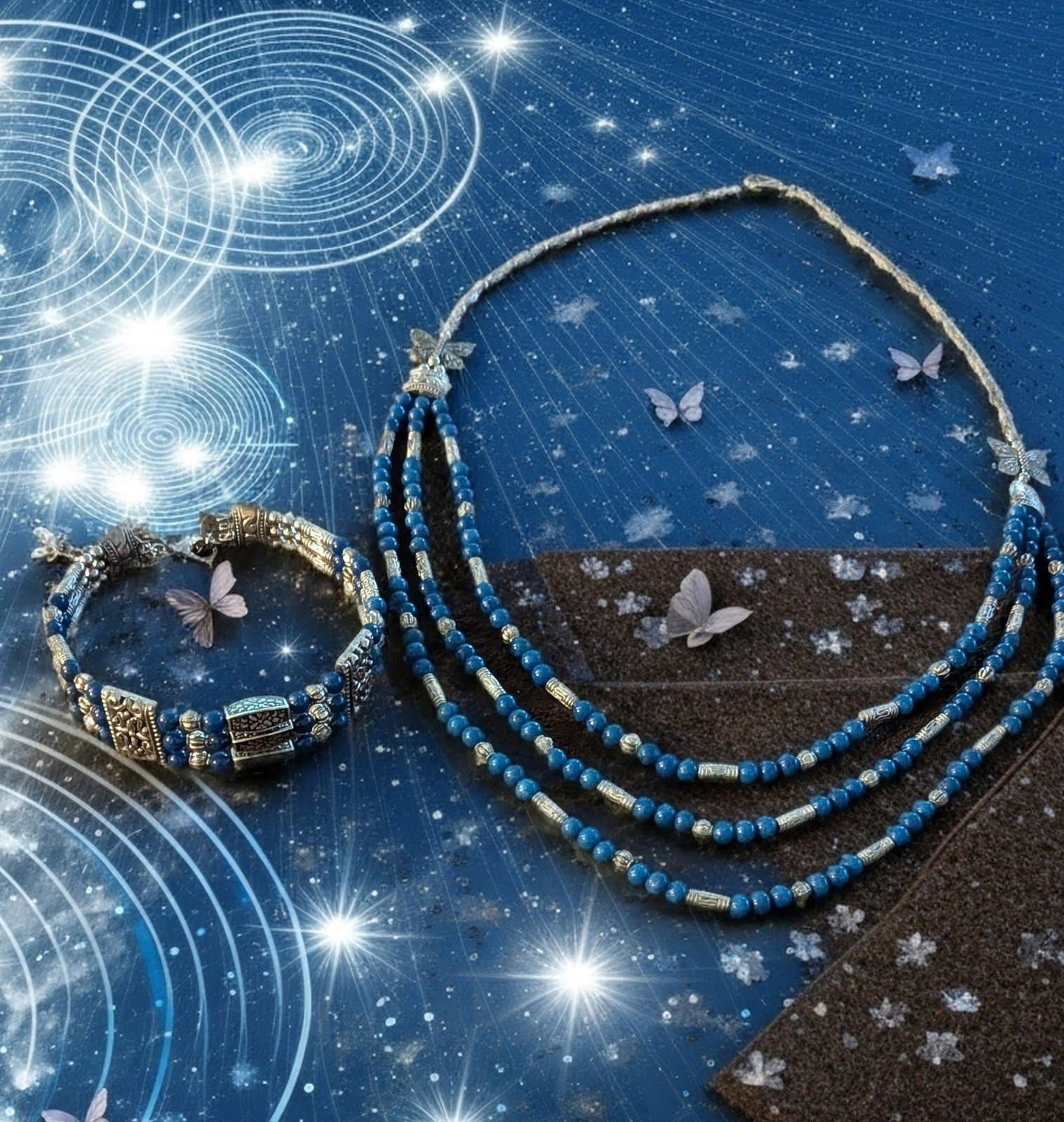 Blue and Silver Beaded Necklace and Bracelet Set Authenticity Made In Thailand - Thumbnail 5