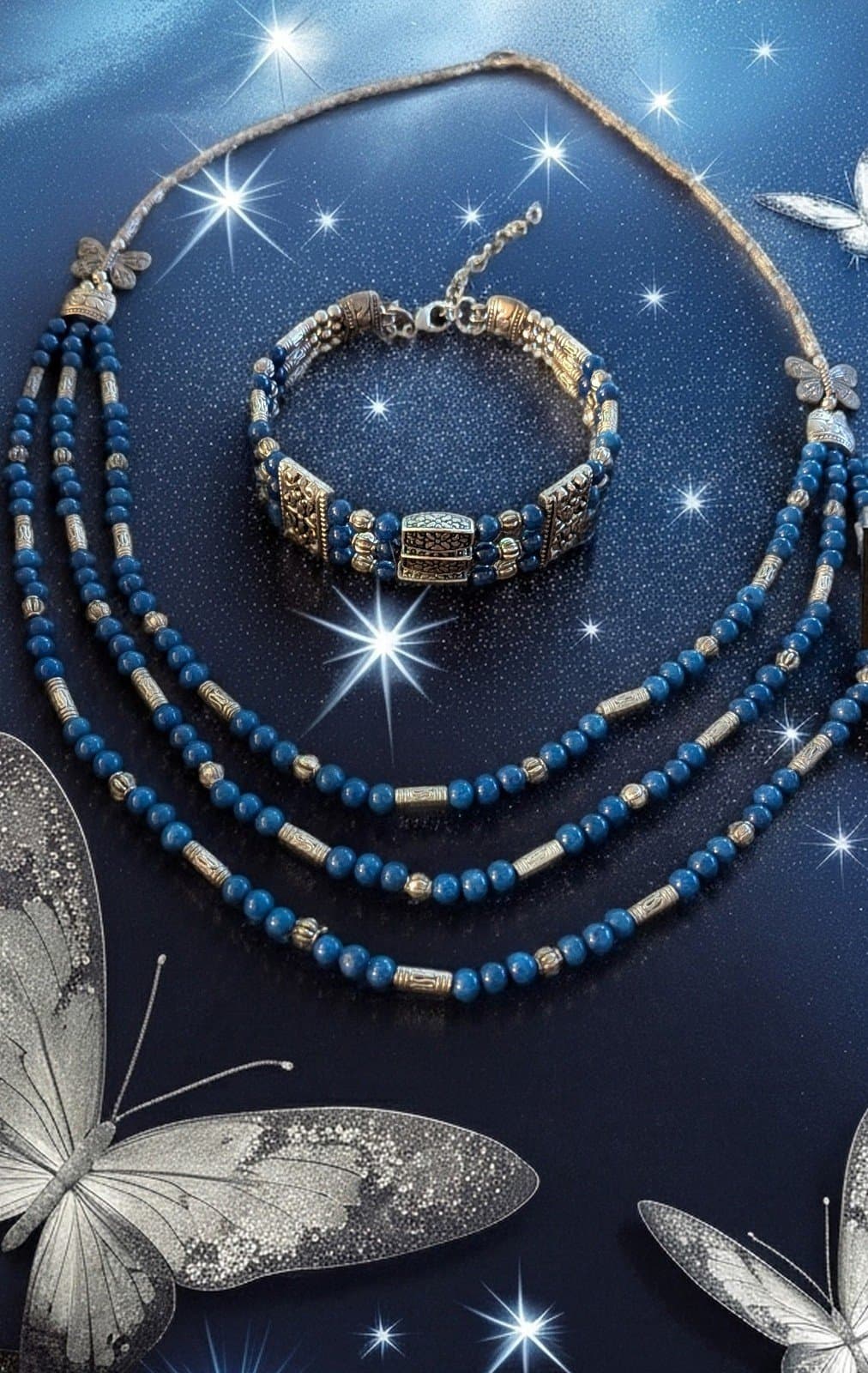 Blue and Silver Beaded Necklace and Bracelet Set Authenticity Made In Thailand - Image 1