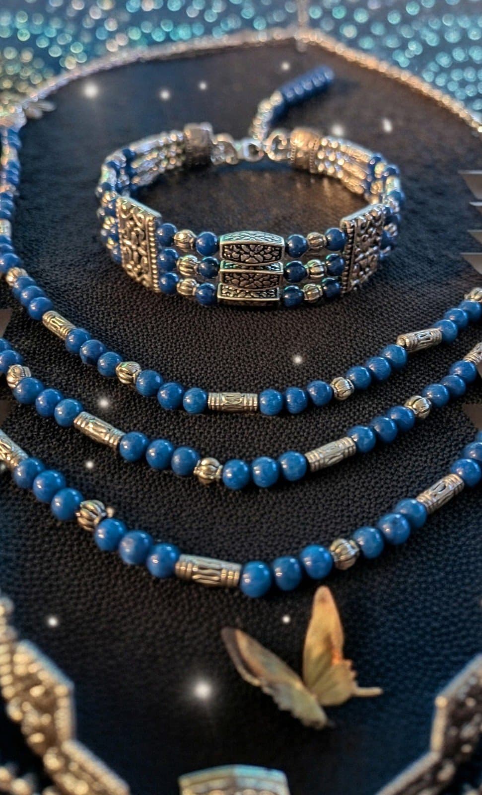 Blue and Silver Beaded Necklace and Bracelet Set Authenticity Made In Thailand - Thumbnail 2